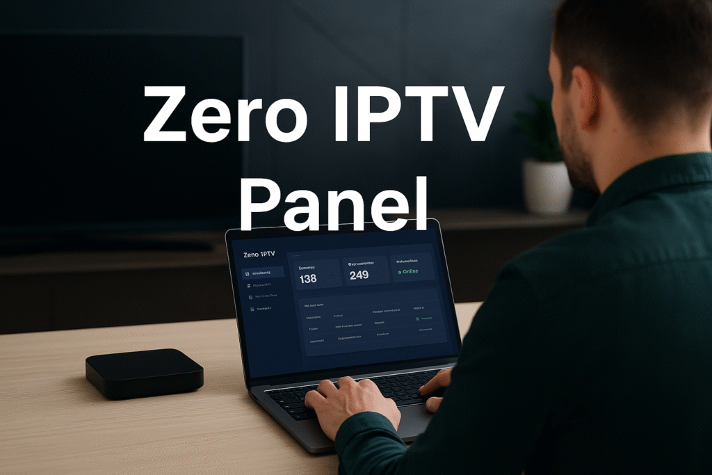 Ein Mann arbeitet an einem Laptop mit dem Zero IPTV Panel auf dem Bildschirm. Im Hintergrund steht ein Fernseher und ein IPTV-Gerät auf einem modernen Schreibtisch – Symbol für professionelles IPTV-Business und Technik.