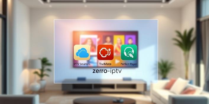 Illustration einer IPTV-App auf verschiedenen Geräten, die Zero-IPTV zeigt.