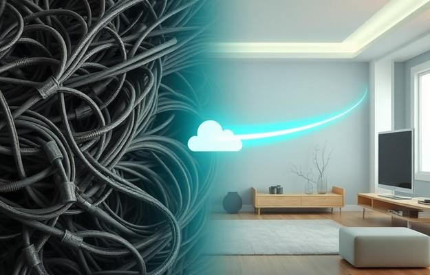 Mann nutzt IPTV auf Smart TV im modernen Wohnzimmer