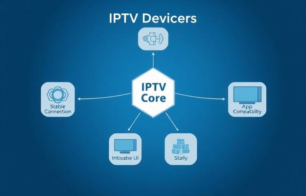 Moderne Streaming-Geräte für Zero-IPTV auf einem Wohnzimmertisch arrangiert