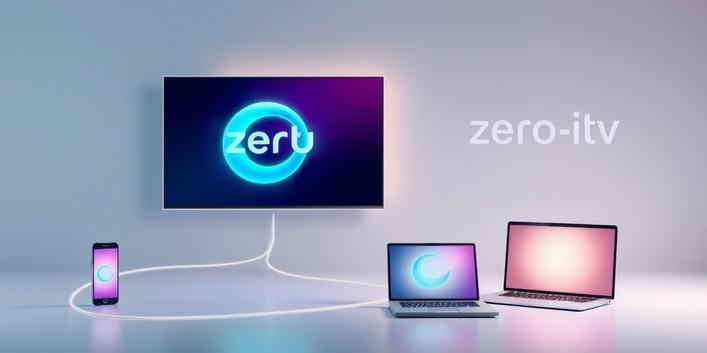 3D illustration of multiple glowing screens connected by an elegant ribbon, symbolizing seamless multi-device IPTV streaming with "zero-iptv" subtly displayed in the background.