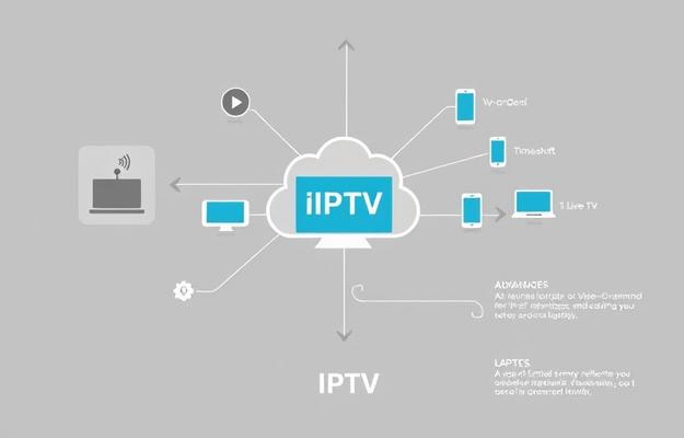Ein Fernseher, der IPTV-Inhalte streamt, mit verschiedenen Apps und Kanälen auf dem Bildschirm.