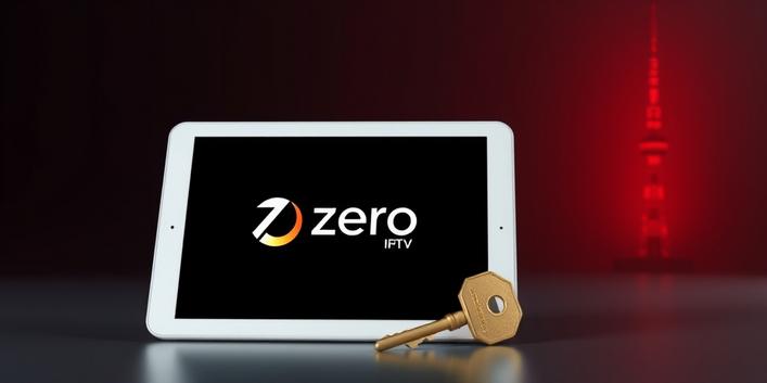 Premium 3D Illustration von Zero IPTV, weißes Tablet mit Logo, goldenes Schlüssel‑Symbol für Strafumgehung, stilisierte deutsche TV‑Tower Silhouette, dunkler Anthrazit‑Hintergrund mit tiefem Rot – ideal für den besten IPTV Anbieter in Deutschland
