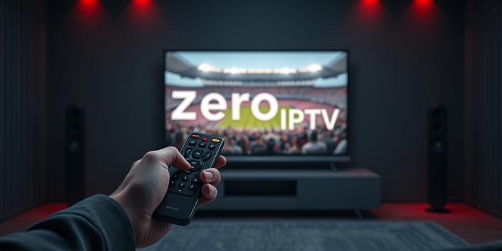 Ein Person mit Fernbedienung vor einer Zero IPTV TV-Anzeige im Stadion, unterstützt von weichen Schatten und tief Rot-Charcoal-Beleuchtung.