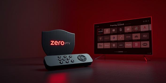 Sicheres Zero‑IPTV-Streaming: ein eleganter, schwarzer Fernbedienungscontroller mit leuchtendem Zero‑IPTV‑Logo, ein stilisierter Schutzschild und ein moderner, transparenter Bildschirm mit deutschen Premium‑Kanal‑Icons, alles in tiefrotem, luxuriösem Licht.