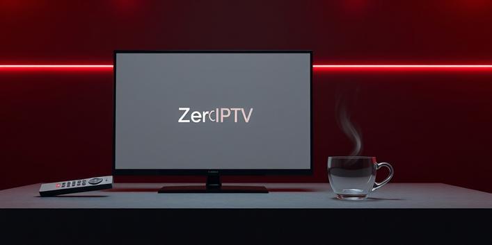 Minimalistisches 3D‑Rendering eines hochwertigen schwarzen Fernsehgeräts mit Zero‑IPTV‑Logo, rotem Remote‑Control und Dampf‑Deutschlandsflagge, das Premium‑Streaming in dunklem, rot‑schwarzem Ambiente zeigt.