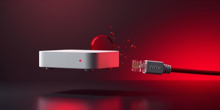 Zero IPTV Streaming-Box in Premium-Design mit rotem LED-Licht, auflösender Buffering-Kreis und High-End-LAN-Kabel, Symbol für pufferfreies IPTV Streaming Deutschland