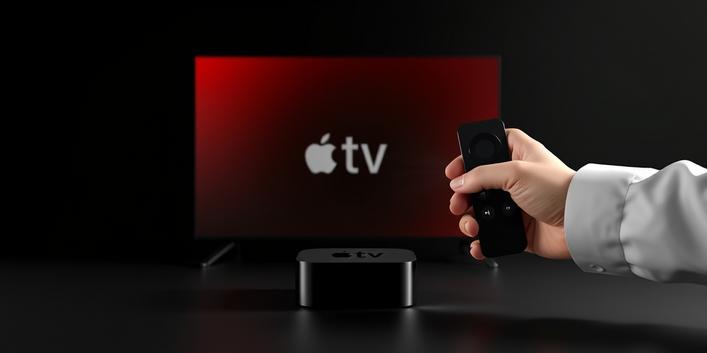 Ein hochwertiges 3D-Visualisierung eines Apple TV-Geräts mit Streaming-Interface und Fernbedienung im dunklen, karminroten Ambiente, das das Premium-IPTV-Erlebnis in Deutschland symbolisiert.