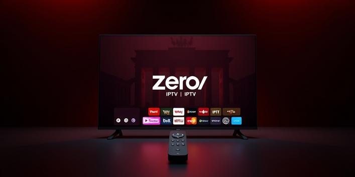 Minimalistische 3D‑Illustration eines schlanken Smart TVs mit Zero IPTV‑Startbildschirm, moderner Fernbedienung und dezentem deutschen Skyline‑Silhouettenhintergrund in dunklem Rot‑ und Grauton, photorealistisch beleuchtet.